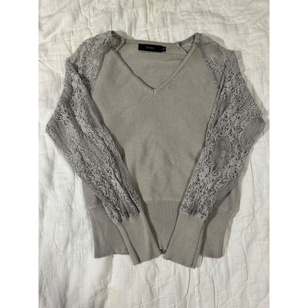 ZCSIA Taupe V-Neck Ribbed Knit Sweater with Floral Lace Sleeves Size S